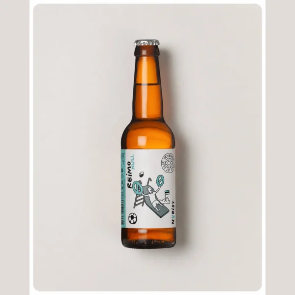 Nudist Reimo Null alkoholivaba õlu pruunis 330 ml pudelis valge-türkiissinise etiketiga