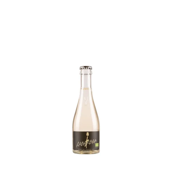 Nudist Rabarbra Brut Organic MINI 200 ml bottle with black and gold label and EU organic leaf