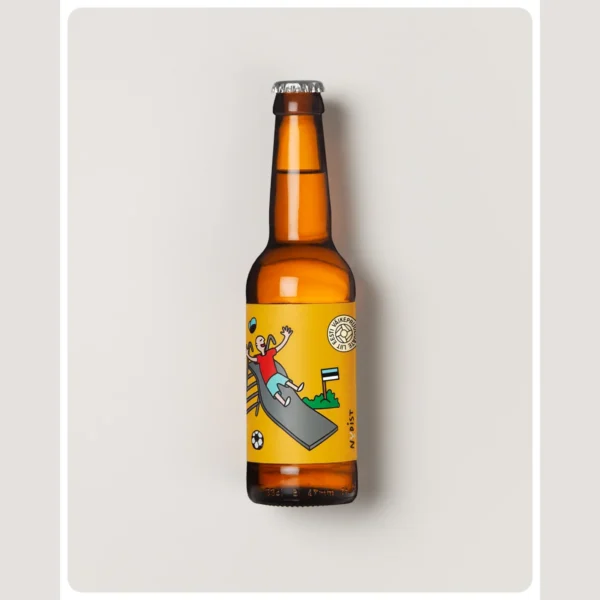 Nudist Reimo Nobel Lager in a brown 330 ml bottle with a yellow illustrated label