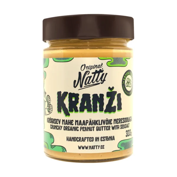Natty Kranži crunchy organic peanut butter in a 333 g glass jar, front label