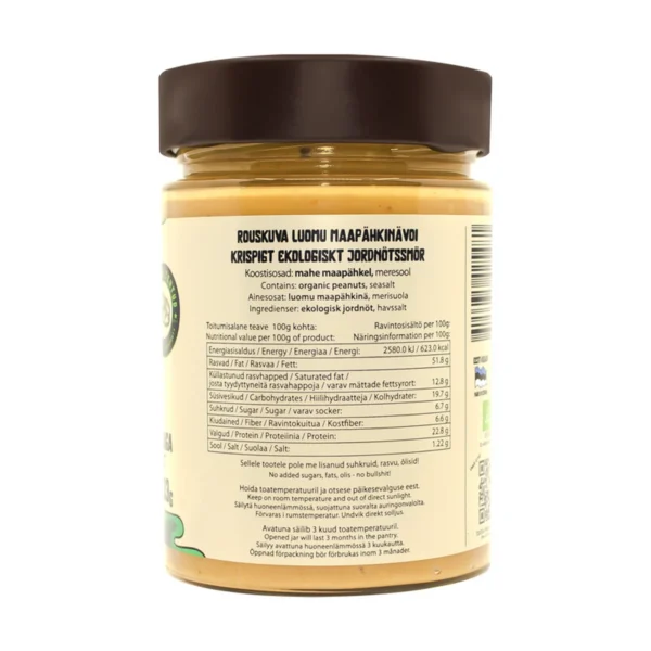 Back label of the Natty Kranži jar with ingredient and nutrition information
