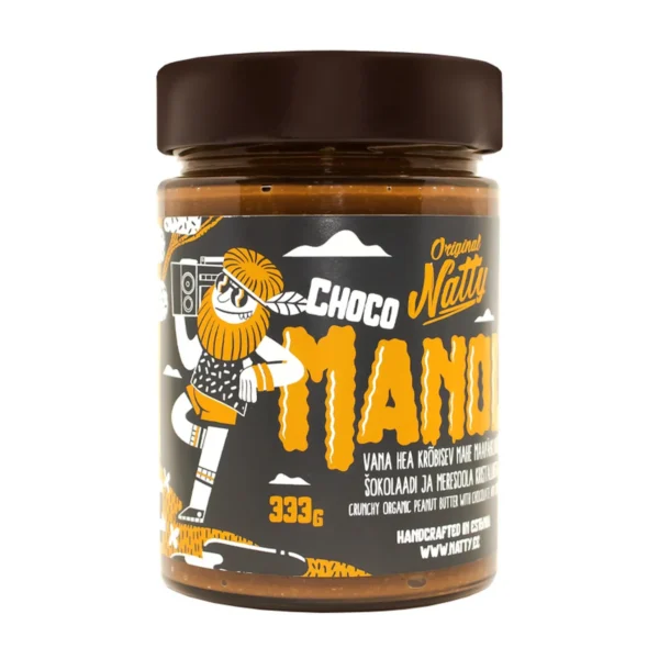 Natty Choco Manolo peanut butter with dark chocolate in a 333 g glass jar