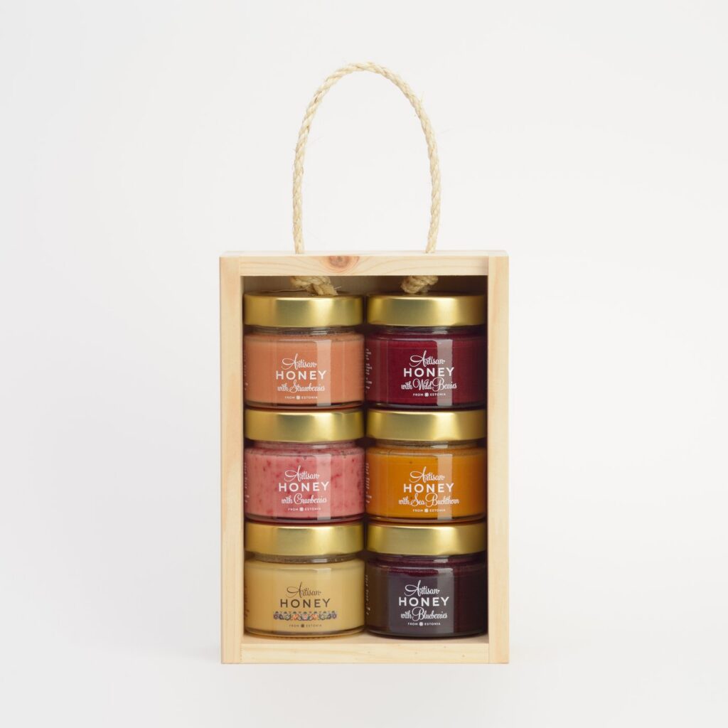 Artisan Honey kinkekomplekt kuue maitsemeega puidust kastis