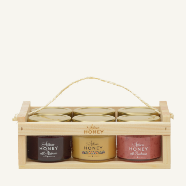 Assorted honey gift set, six 100 g jars in a wooden slatted box