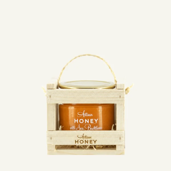 Honey with sea buckthorn 200 g in a wooden gift box