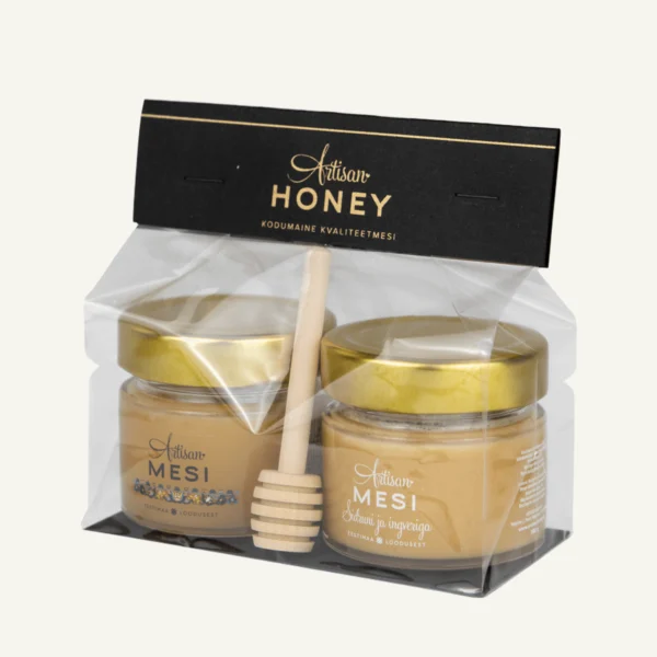 Two-honey gift set with dipper 2 × 100 g – blossom honey and honey with lemon and ginger