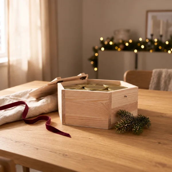 Six honeys and tea VIP gift box in a warm Christmas gifting setting.