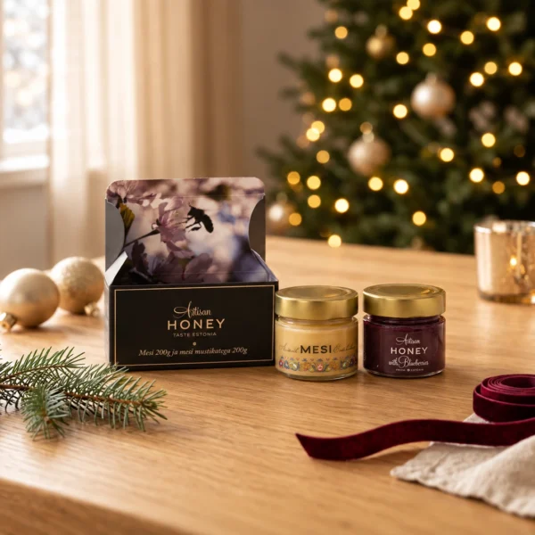 Two-honey gift set in a black box 2 × 200 g in a warm Christmas gifting setting.