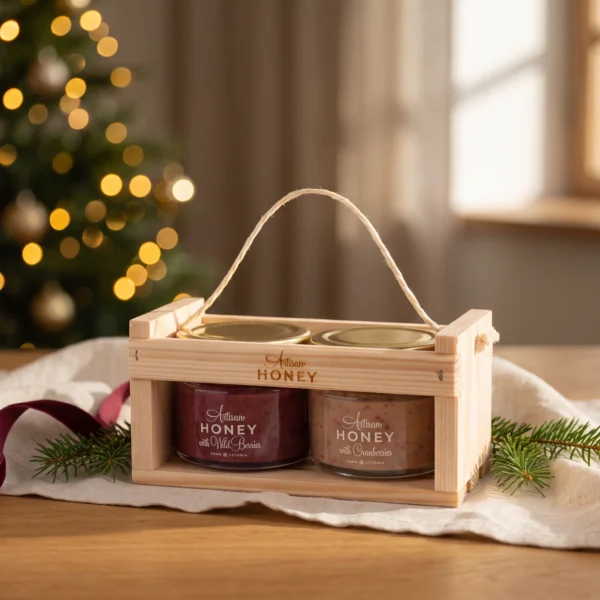 Two-honey gift set in a wooden crate 2 × 100 g – honey with cranberries and honey with wild berries in a warm Christmas gifting setting.