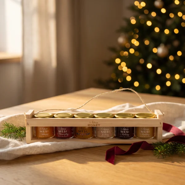 Six-honey gift set in a wooden crate 6 × 50 g – blossom honey and five flavoured honeys in a warm Christmas gifting setting.