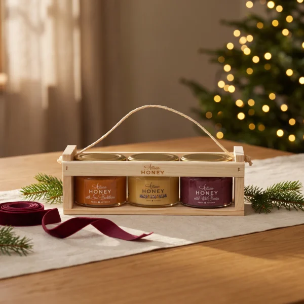 Three-honey gift set in a wooden crate 3 × 100 g – blossom honey, honey with sea buckthorn and honey with wild berries in a warm Christmas gifting setting.