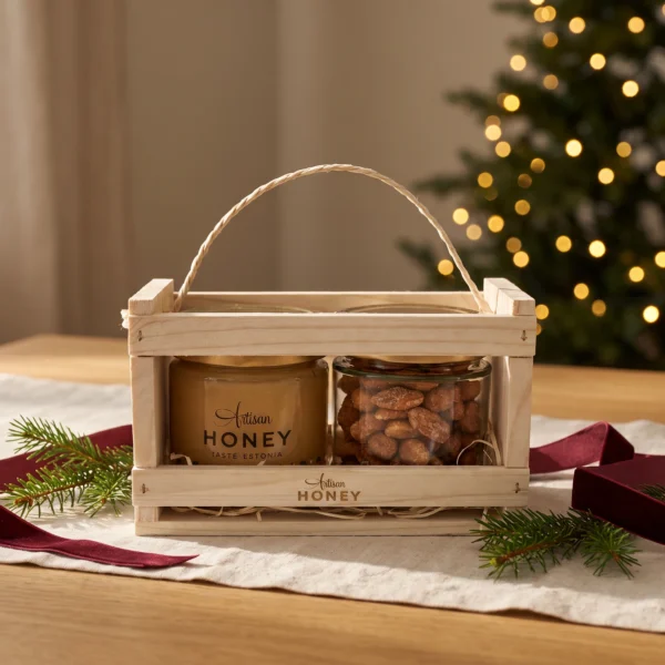 Blossom honey 300 g and honey-salt nuts 110 g in a wooden gift box in a warm Christmas gifting setting.