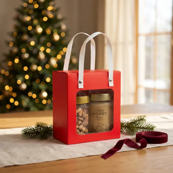 Blossom honey 430 g and honey-salt nuts 170 g in a red gift box with handles in a warm Christmas gifting setting.