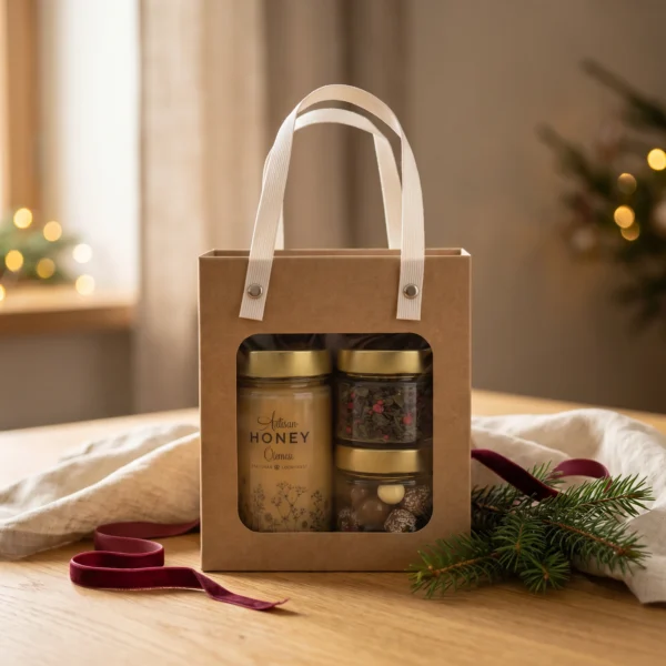 Blossom honey 430 g, mint-raspberry tea 12 g and coconut balls 110 g in a natural gift box with handles in a warm Christmas gifting setting.