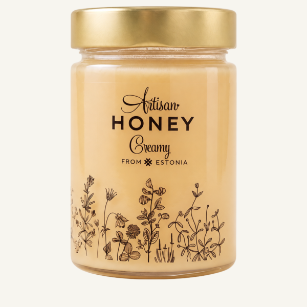 Artisan Honey creamy blossom honey 430 g in a glass jar with a gold lid.