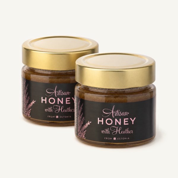 Kanarbikumesi 200 g – kaks Artisan Honey purki kuldsete kaantega.