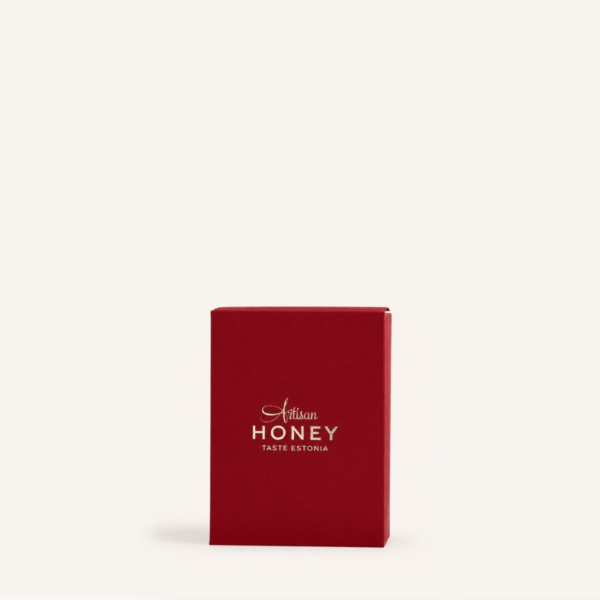 Empty red cardboard gift box for a 430 g jar