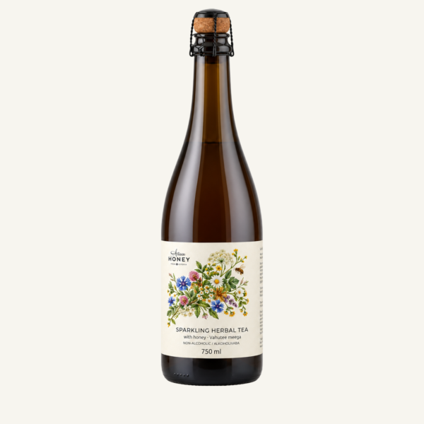 Artisan Honey sparkling herbal tea with honey 750 ml in a brown glass bottle with a floral illustrated label.