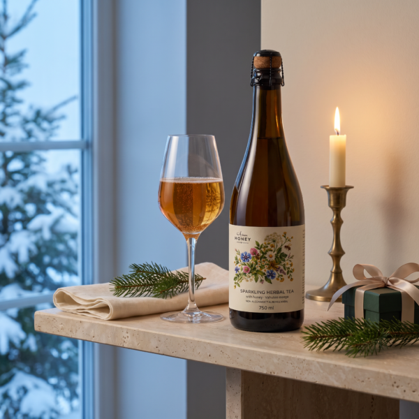 Artisan Honey vahutee meega 750 ml lumise vaatega akna juures.