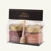Two-honey gift set with dipper 2 × 100 g – honey with strawberries and honey with wild berries
