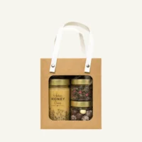 Blossom honey 430 g, mint-raspberry tea 12 g and coconut balls 110 g in a natural gift box with handles