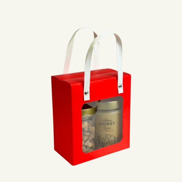 Blossom honey 430 g and honey-salt nuts 170 g in a red gift box with handles