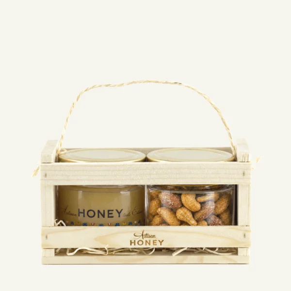Blossom honey 200 g and honey-salt nuts 90 g in a wooden gift box