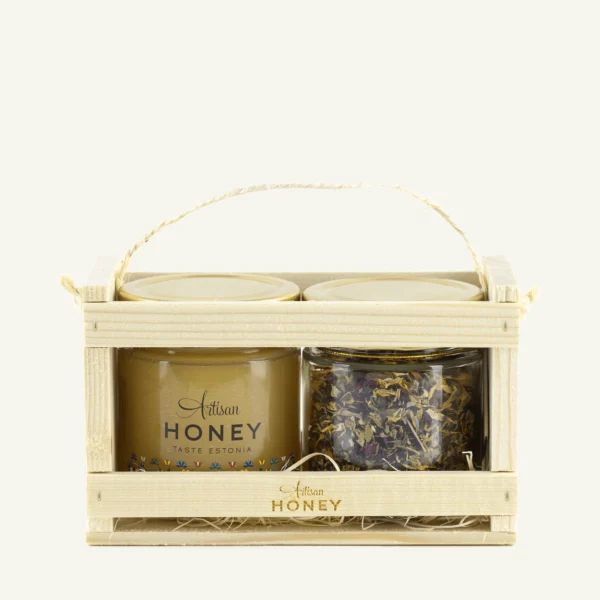 Blossom honey 300 g and herbal tea 35 g in a wooden gift box