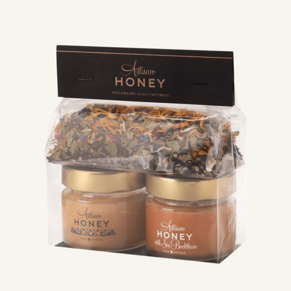 Two-honey and herbal tea gift set 2 × 100 g – blossom honey and honey with sea buckthorn