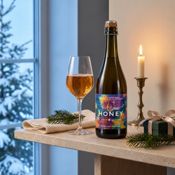 Artisan Honey Winter Sparkling Tea with Honey on a winter windowsill with a glass, candle and gift