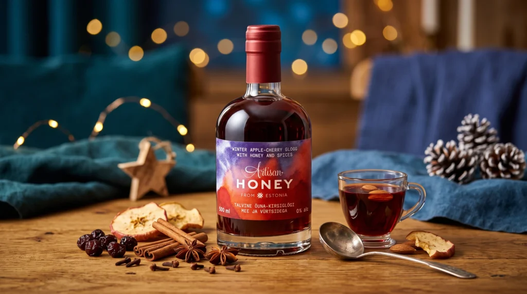 A bottle and glass of apple-cherry glögg on a winter table